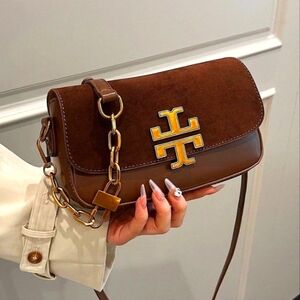 Tory Burch looking Brown suede Leather Eleanor Shoulder Bag clutch purse Handbag